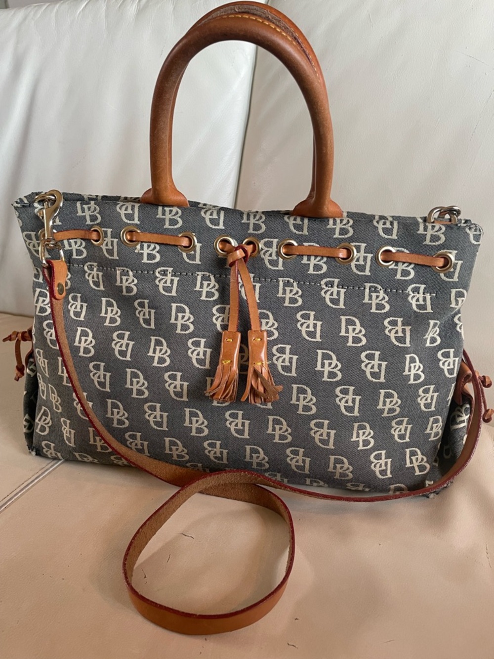 Dooney and Bourke Grey Blue Monogram Tote Bag with Tan Leather Trim